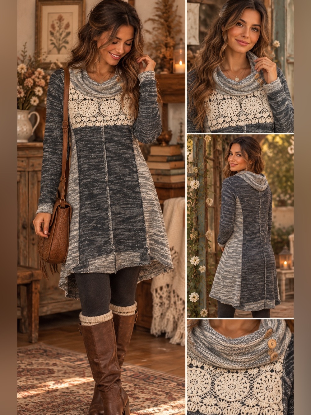 Maurices Sweater Dress M Gray White Knit Hooded Cardigan Style Cozy Boho Cabin